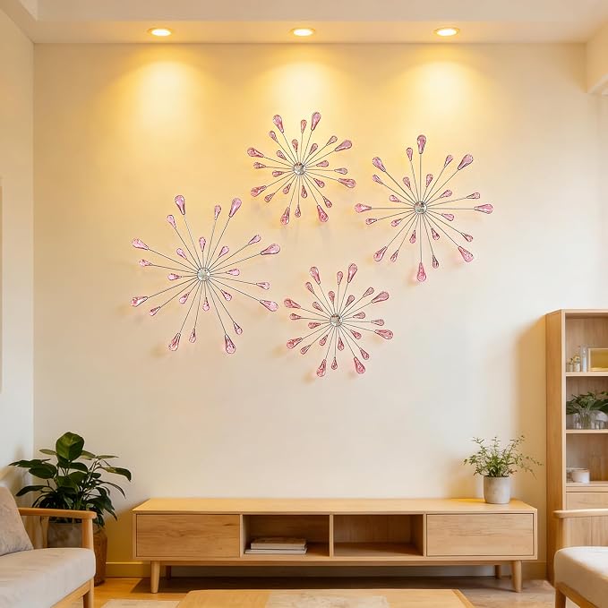 ZEXUIRU 4 Set Silver Starburst Wall Art for Home Decor Metal Bling Crystal Rhinestones Sunburst Wall Decor Sparkling Rhinestone Art Accent -Pink 13in/11.8in/9.8in/9.8in