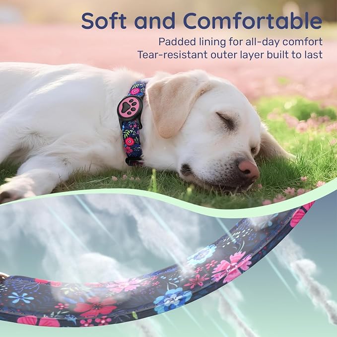 Airtag Dog Collar,with Waterproof airtag Holder，Original Stylish Cute Pattern Design.QR Code ID Buckle，Comfortable Soft Cotton for Small Medium Large Dogs