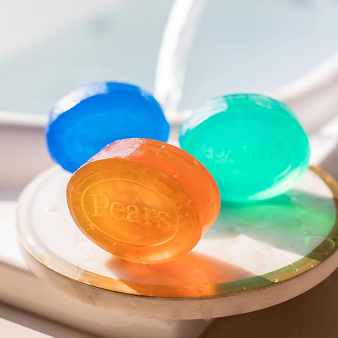 Pears Soap, Pure & Gentle Glycerin Soap Variety 3-Pack – Blue with Mint, Green with Lemon Flower Extract, and Amber with Natural Oils, 4.4 Oz Each
