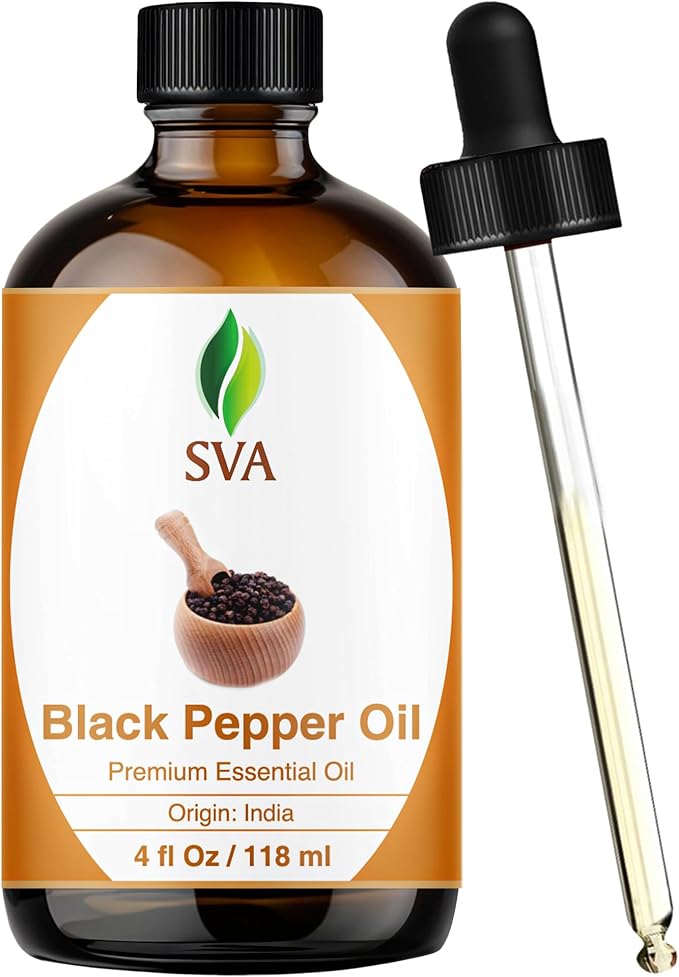 SVA Black Pepper Essential Oil 4 Fl Oz – for Diffuser, Skin & Hair Care – Ideal for Massage & DIY Blends - with Dropper