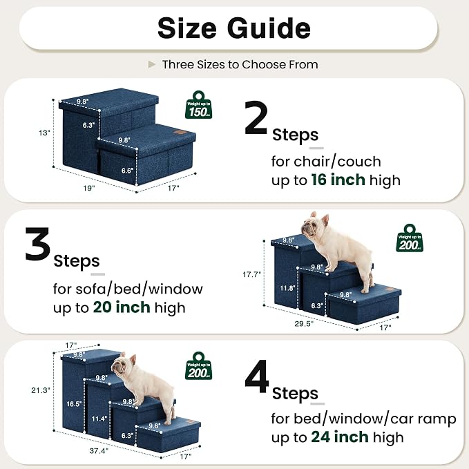 Love's cabin Dog Stairs for High Bed, Foldable Pet Stairs for Small Medium or Large Dogs Puppy with Storage for Bed or Couch, Cat Dog Steps Ramp with Zip up to 200 lbs, Navy Blue, 2 Steps