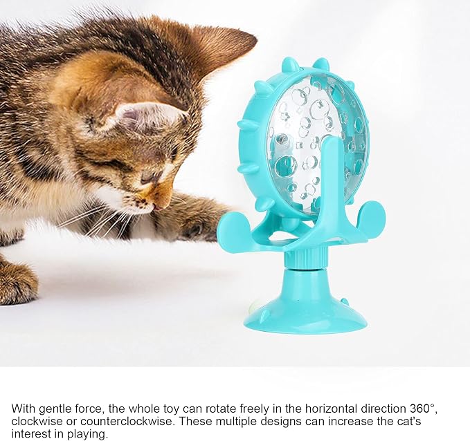 VINGVO Cat Treat Dispenser Toy, Interactive Cat Feeder with 360 Rotating Windmill, Food Leakage Toy for Indoor Cats, Suction Cup Base, Blue