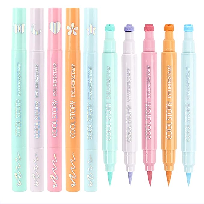 COOL STORY 5 pcs Liquid Stamp Eyeliner - Waterproof Colored Felt Tip Eyeliners, Face Stamp Double Head Glossy Eye Liner with Star, Heart, Moon, Butterfly Stamps - Mixed Color Slim Wingliner