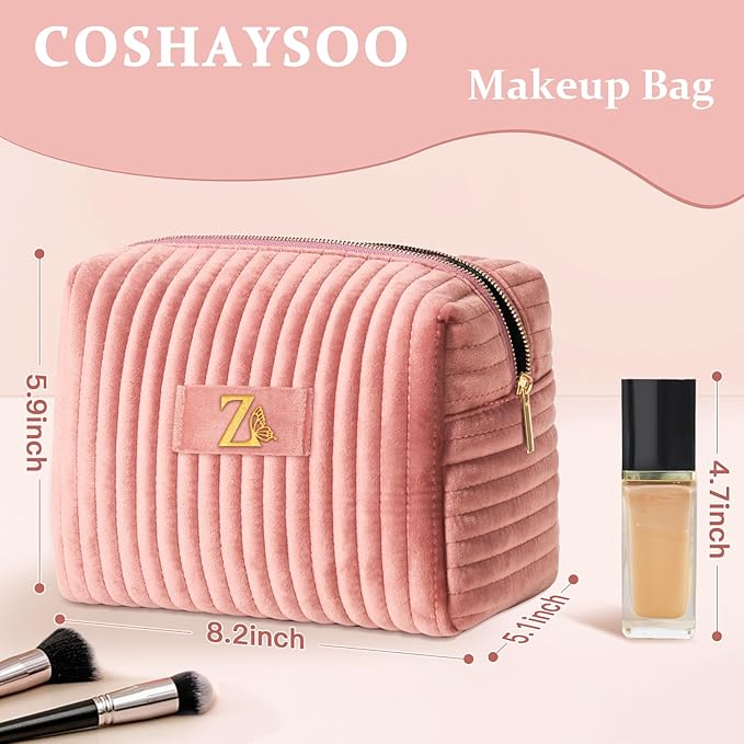 COSHAYSOO Travel Makeup Bag Quilted Make Up Pouch Initial Velvet Cosmetic Case with Butterfly Decorations for Women 20th 30th 40th 50th Best Birthday Appreciation Retirement Gifts Pink Letter Z