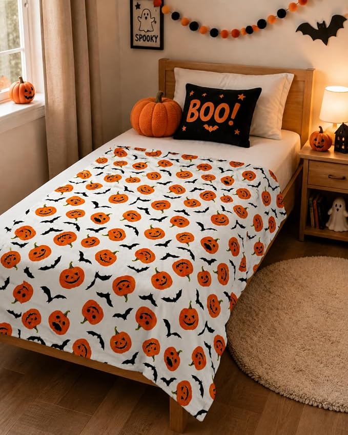 Halloween Fleece Throw Blanket: Happy Jack O'Lantern Pumpkins and Black Bat Design on Soft Velvety Blanket for Sofa Bed Couch Chair Dorm, 50" x 60"