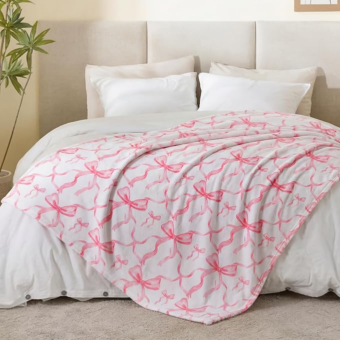 Pink Bow Throw Blanket 60"x80" Soft Flannel for Girls Women | Coquette Aesthetic Decor with Ruffled Edges, Ultra Plush Bed Sofa Blanket, Preppy Gift for Teens, Back to School Dorm Room