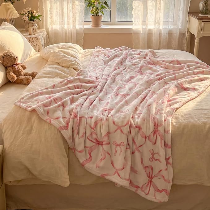 Pink Bow Throw Blanket 50"x60" Soft Flannel for Girls Women | Coquette Aesthetic Decor with Ruffled Edges, Ultra Plush Bed Sofa Blanket, Preppy Gift for Teens, Back to School Dorm Room