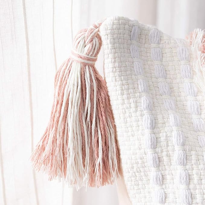 Boho Pink Pillow Covers 20x20 Inch Tufted Tassel Square Throw | Pink tufted square cushion case with tassels, boho decor for living room