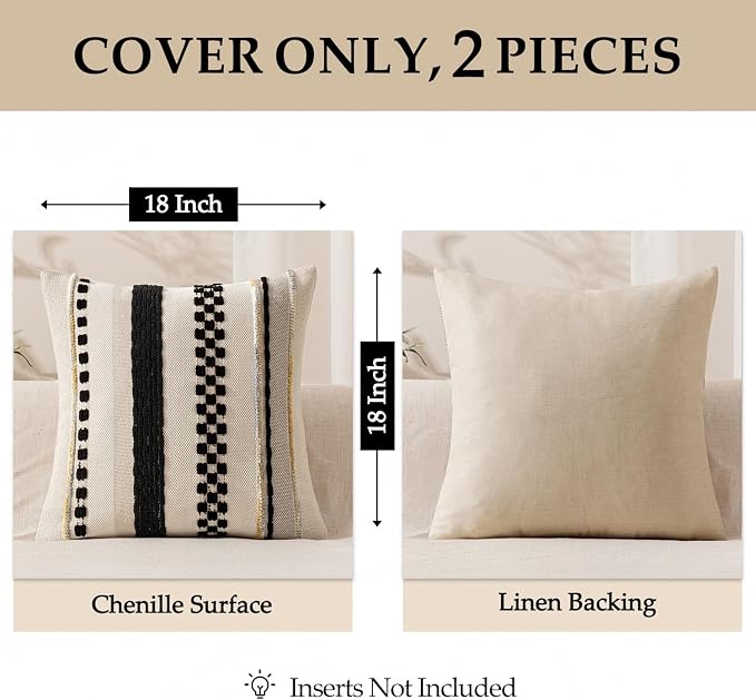 ANRODUO Boho Decorative Pillow Covers 18x18 Inch Black Stripe Pack of 2 | Throw Pillow Covers, Farmhouse Cushion Case, Chenille Pillow Cases, Pillow Covers, Accent Neutral Pillowcase for Sofa Couch