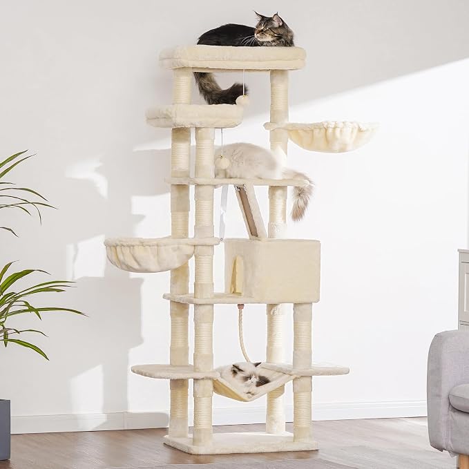 Heybly Cat Tree, 68 inch Multi-Level Cat Tower for Indoor Cats HCT025M | Cat Condo with 2 Widened Plush Perches, 2 Cozy Baskets, Scratching Board and Big Caves, Beige