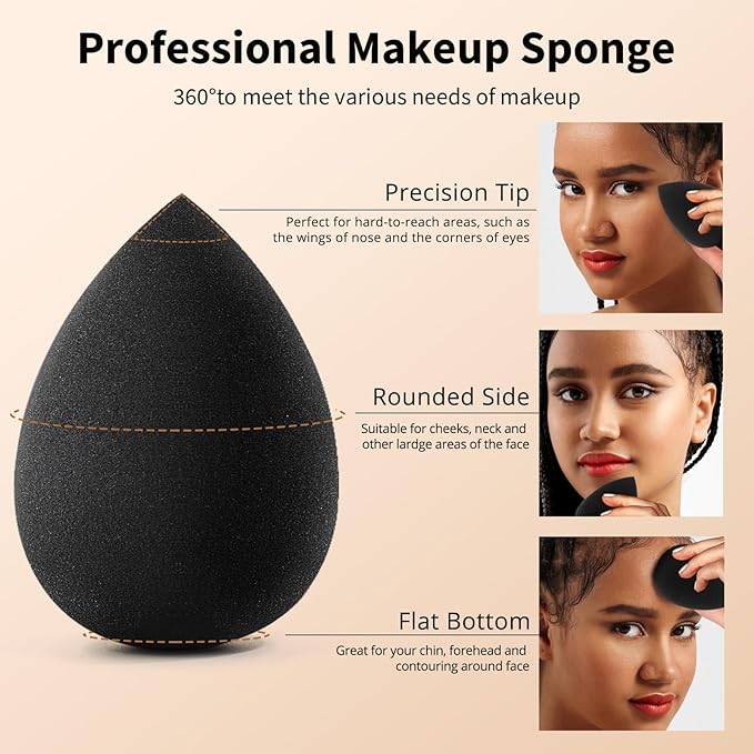 BEAKEY Makeup Sponge Set, 5 Pcs Foundation Blending Sponge, Beauty Sponges Flawless for Liquid, Cream, and Powder, Latex-Free and Vegan Boun Boun Makeup Sponges, Black