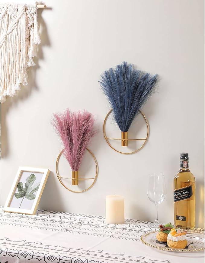 Pretty Jolly Boho Pampas Wall Decor Gold Metal Wall-Mounted Art | Morden Artificial Greenery Display，2 Pack Navy Hanging Planter For Living Room, Bedroom, Bathroom, Dining room