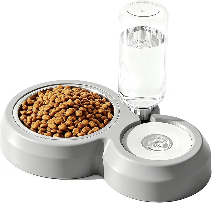 YSHOME&PET Double Dog Bowls, Cat Food & Water Bowl Set with Water Dispenser | Detachable Durable Stainless Steel Bowl Gravity Feeder for Small or Medium Size Dogs Cats Kittens Rabbits Bunny Easy to Clean