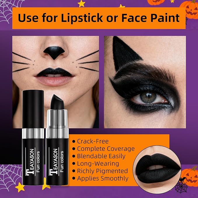 Halloween Black Cat Makeup Kit, Ears Headband, Lipstick, and Eyeliner, Costume Accessories for Black Cat Cosplay Party SFX Makeup