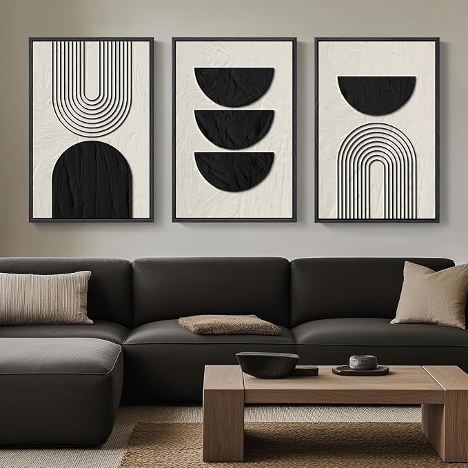 Framed Boho Wall Art for Living Room, Large 3 Piece Neutral Geometric Black and Beige Abstract Pictures Wall Art Decor, Farmhouse Vintage Artwork Home Decor for Hallway Office Guest Room 24x36 Inch