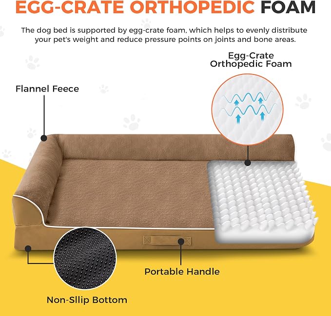 XXL Orthopedic Dog Bed, Extra Large Dogs, 48"x35"x7.5", Camel | Waterproof, Washable Cover, L-Shaped Pet Couch, Egg-Crate Foam for Pressure Relief, Portable Handle