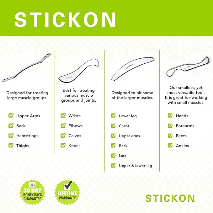 STICKON Stainless Steel Gua Sha Scraping Massage Tool Set IASTM Tools Great Soft Tissue Mobilization Tool (J Shape)