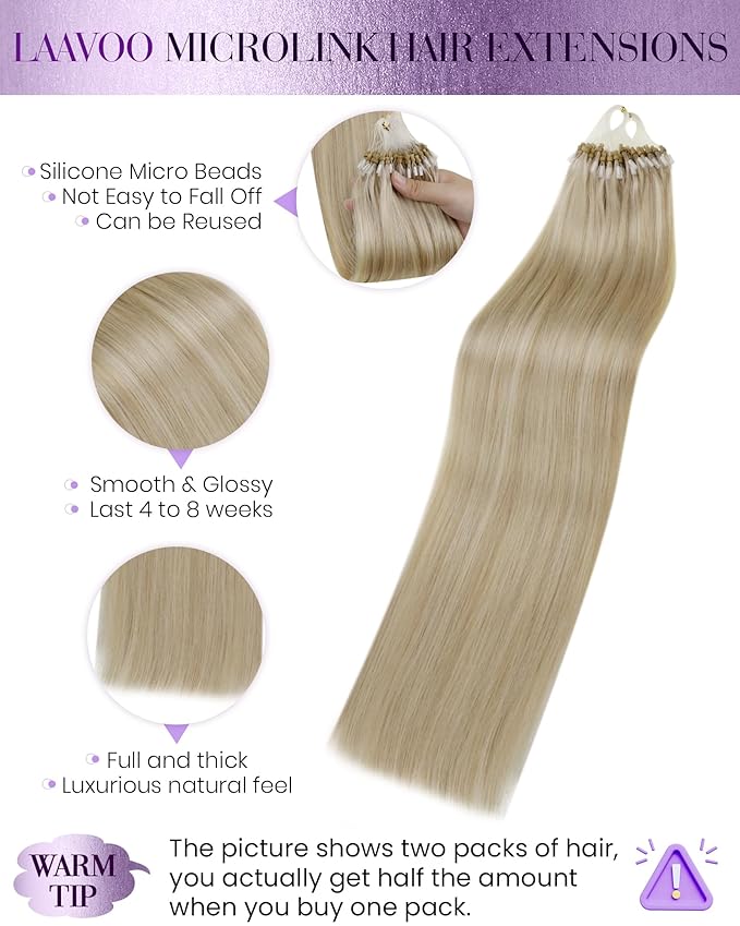 LaaVoo Micro Link Hair Extensions Human Hair Golden Blonde Highlights Light Blonde Micro Ring Hair Extensions Human Hair 24in 50g 50s