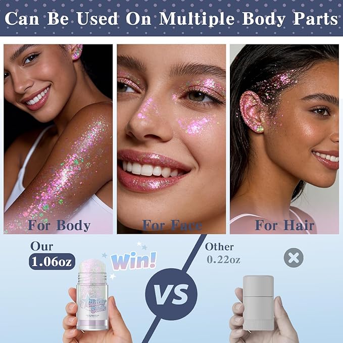 Sparkling Pink Body Glitter Stick, Holographic Fairy Costume Makeup Face Hair Glitter Stick Rave Outfits for Women, Shimmer Face Paint Singer Concert Festival Party Accessories, 1.06 OZ