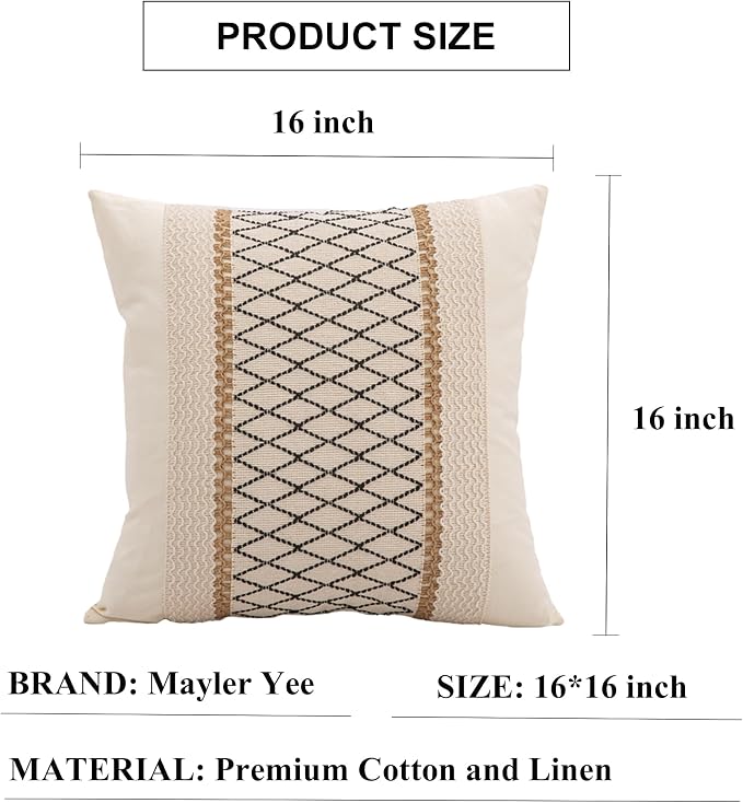 Throw Pillow Covers 16 x 16 Inch 1PC for Farmhouse Living Room, Cotton & Burlap Textured Striped Woven Boho Pillow Covers (Beige & Black Grid)