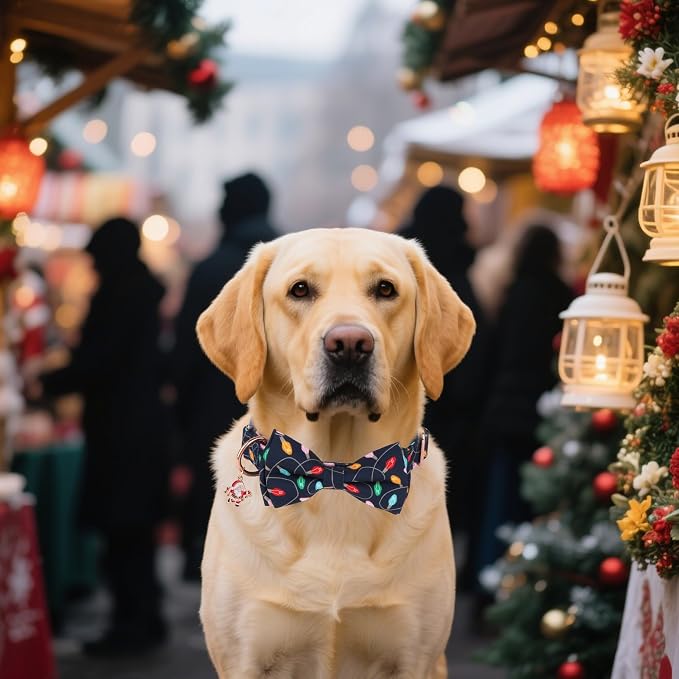 ADOGGYGO Christmas Dog Collars with Bow, Detachable Xmas Light Print Bowtie, Metal Buckle, Adjustable Christmas Collars for Large Dogs Boy Girl (Large)