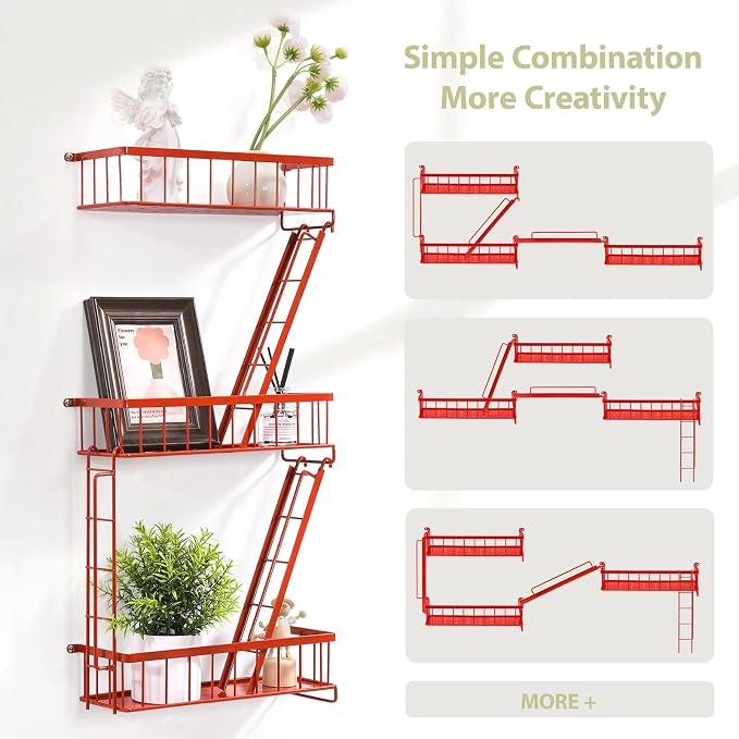 Fire Escape Wall Shelf Red - New York Wall Art Decorative Figure Display Floating Shelves Metal Racks for Living Room, Home Office Storage (3-Tier)