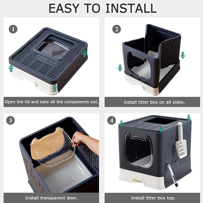 Cat Litter Box with Lid, Foldable Enclosed Covered Top Entry Kitten Litter Boxes for Growing Cats, Drawer Type Kitty Toilet with in/Out Front Door