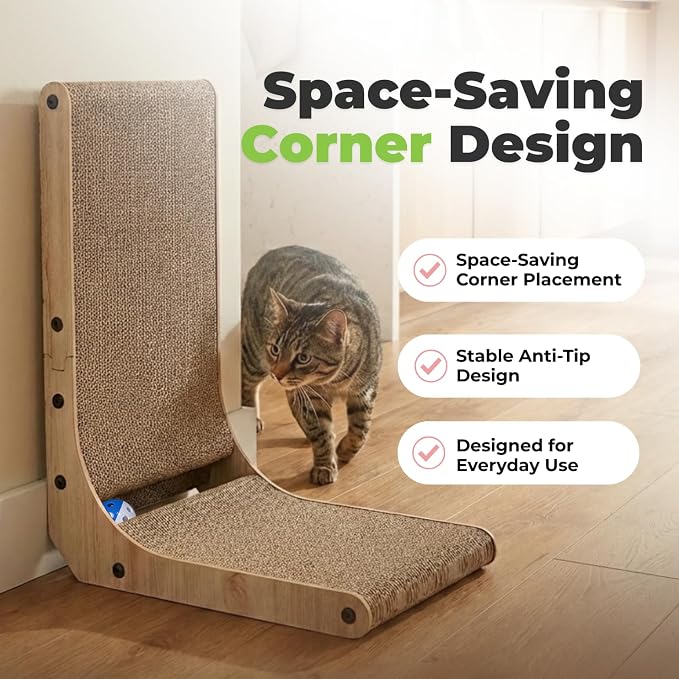 Best Pet Supplies Catify L-Shaped Cardboard Cat Scratcher - H: 19" | 15"x 9"x19", Ball Toy Included, Durable Corrugated Cardboard, Space Saving Design, Furniture Protector, Indoor Cats & Kittens