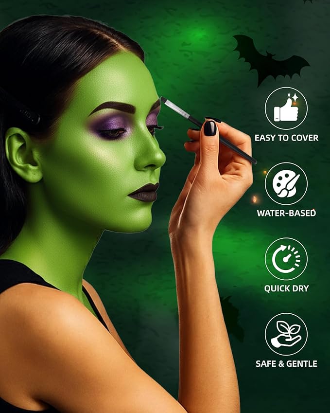 Halloween Green Witch Makeup Kit - Lictin Complete Witch Green Face Paint with Purple Glitter, Professional Witch SFX Make Up Kit for Halloween, Costume, Cosplay, Carnivals for Adults & Kids