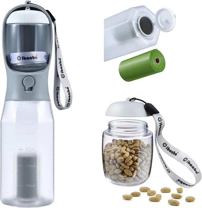 Cibaabo Dog Water Bottle with Food Container & Poop Bag Holder & Filter | Feeding & Hydration & Waste All in One | Travel Puppy Water Bowl | Portable Pet Dispenser | Dog Gifts | for Walking Beach