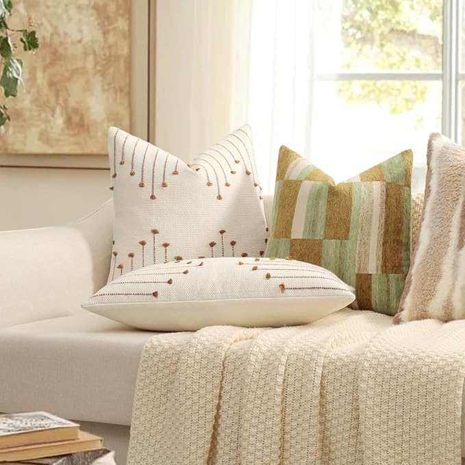 Boho Outdoor Fall Throw Pillow Covers 18x18 Set of 2 Neutral Woven Decorative Pillowcases Cotton Tufted Couch Pillows Modern Farmhouse Cushion Covers for Sofa Couch Bed Living Room Home Decor, Brown
