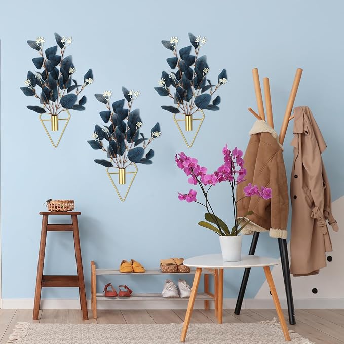 Hanaive 4 Sets Boho Wall Decor Metal Wall Art Hanging Planters with Blue Artificial Eucalyptus Display Modern Home Vase for Bedroom Home Office