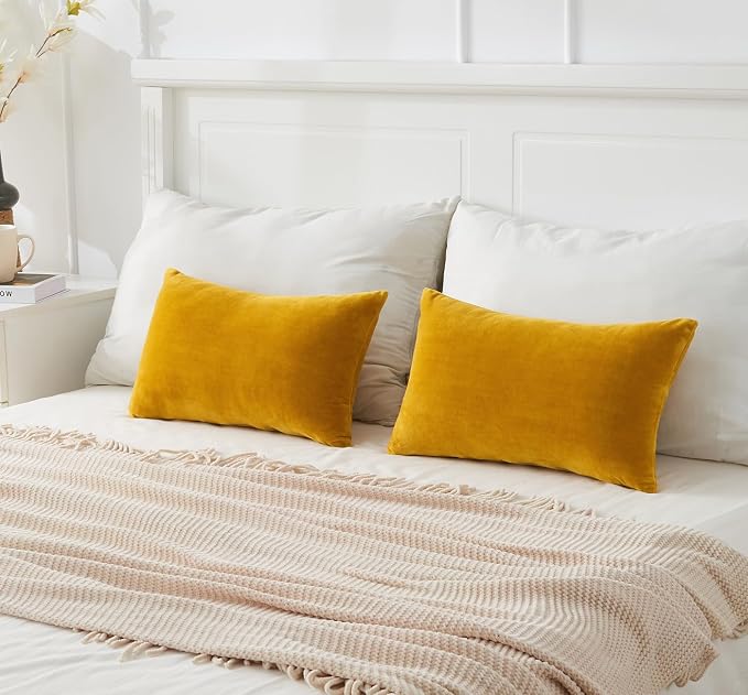 Throw Pillow Covers Mustard Yellow Set of 2 12x20 Inch Fall Pillow Covers, Soft Velvet Farmhouse Lumbar Decorative Pillowcases for Couch Sofa Bed, Home Boho Decor, Modern Cushion Covers