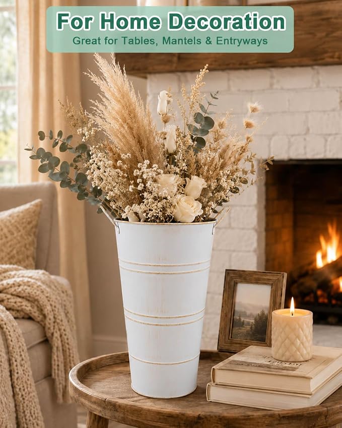 12 Inch Galvanized Metal Vase, 2 Pack Tall Flower Buckets with Handles | Galvanized metal flower buckets with handles, rustic tall vase design for dried flowers, weddings, farmhouse and home decor.
