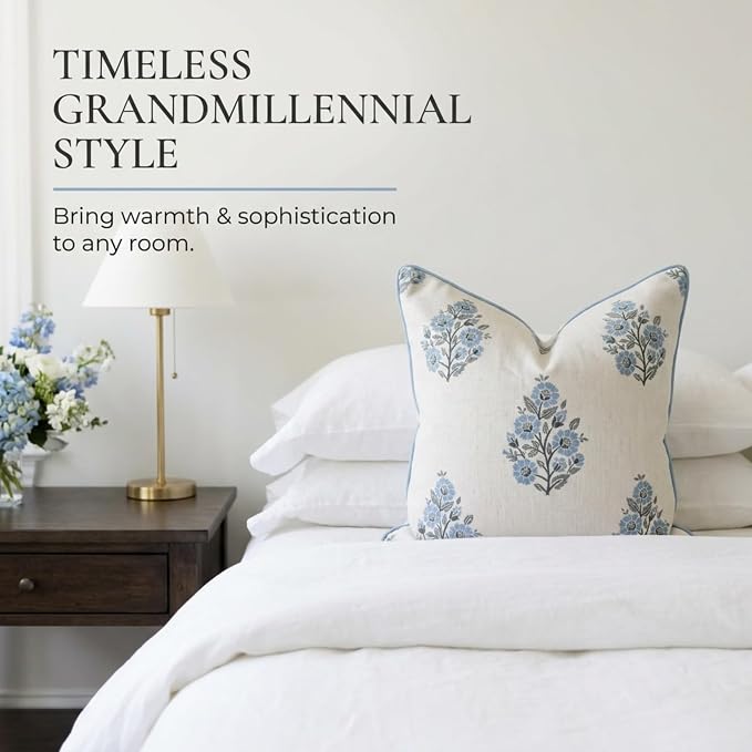 “The Camille” Decorative Pillow Cover – Blue & Whitel Floral Block Print Pillow Cover – Grandmillennial Home Decor, 24" x 24"