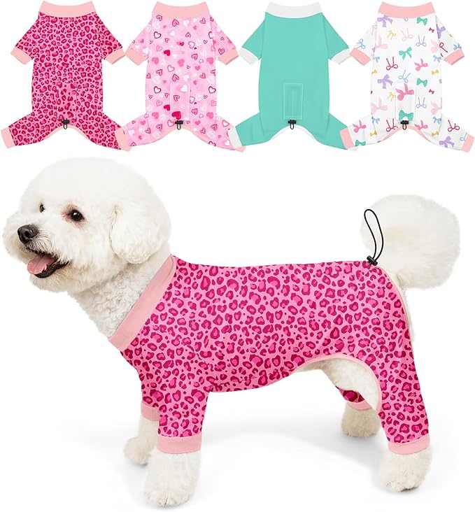 Bienbee Dog Pajamas, 4 Pack Adjustable Onesies for Small to Large Dogs M | Dog Shedding Suit with Soft Fabric, Breathable & Stretchy, and Adjustable Back Length for Sleeping Lounging and Daily Use