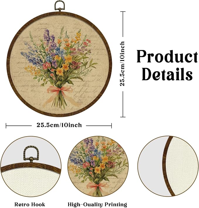 Vintage Floral Round Wall Art Decor,Retro Flower Wall Art Decoration, Watercolor Wildflower Botanical Canvas Print with Frame,Farmhouse Decor for Bedroom Living Room Gallery Space10"x10" (Letter Flowers-01)