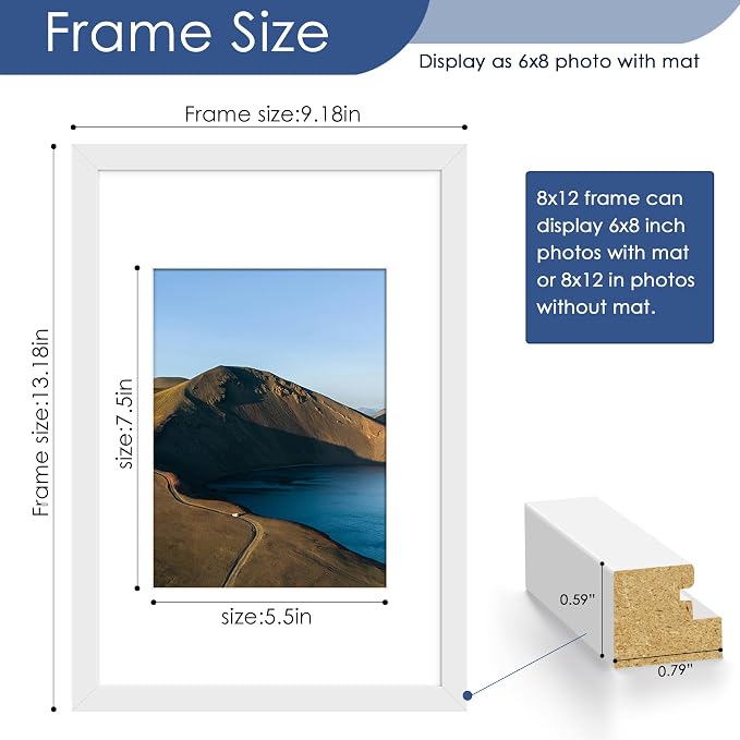 8x12 Picture Frame Set of 6, Wall or Tabletop Display, White | Display 6x8 with Mat or 8x12 Without Mat, Horizontal or Vertical, Gallery Wall Frame Set for Wedding & Room & Home Decor