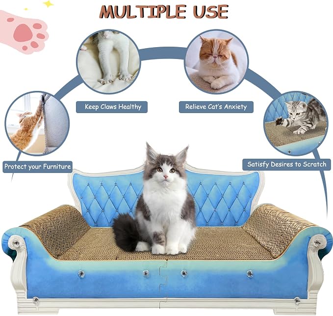 Luxury Cardboard Cat Scratcher Sofa Bed, Couch Shaped Scratching Board, Scratch Lounge with Catnip Toy, Cat Scratcher for Indoor Cats Large Blue 25.4"x12"