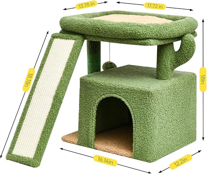 Small Cactus Cat Tree for Indoor Cats, Green Cat Tower with Scratching Post & Board, Unique Cactus Cat House with Perch for Kittens, Stable Condo and Stand (Green)