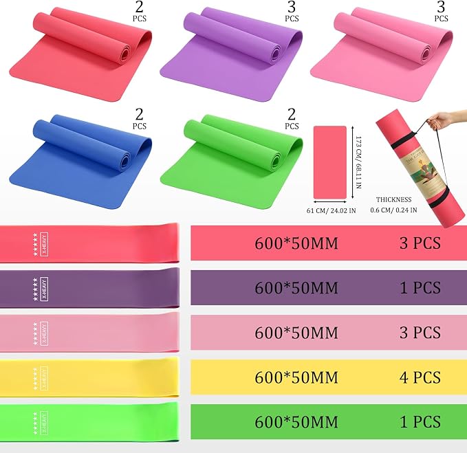 Hoolerry 36 Pieces Yoga Mats Sets Includes 12 Pcs Yoga Mats Bulk 68” x 24” x 6mm Thick Exercise Mat Non Slip 12 Resistance Bands 12 Carrying Straps for Women Girls for Gym Pilates
