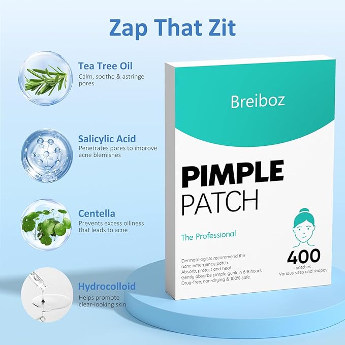 Pimple Patches for Face, Hydrocolloid Patches Invisible Acne Patches Pimple Stickers for Covering Zits, Blemishes and Breakouts with Tea Tree, Salicylic Acid & Cica Oil | 7 Size 400 Counts