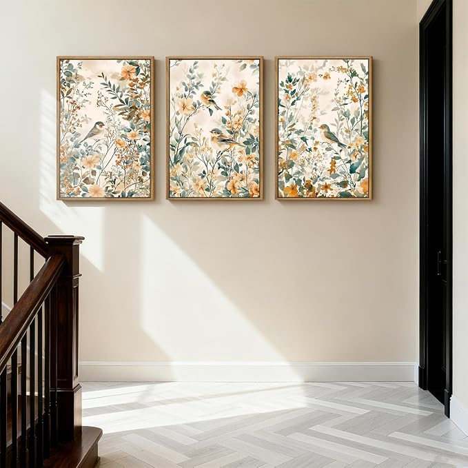 ANHUIB Large Vintage Floral Bird Framed Wall Art 16x24 Inch Beige Botanical Pictures Wall Decor Nature Wildflower Canvas Painting Set of 3 Retro Neutral Flower Artwork for Living Room Bedroom Barhroom