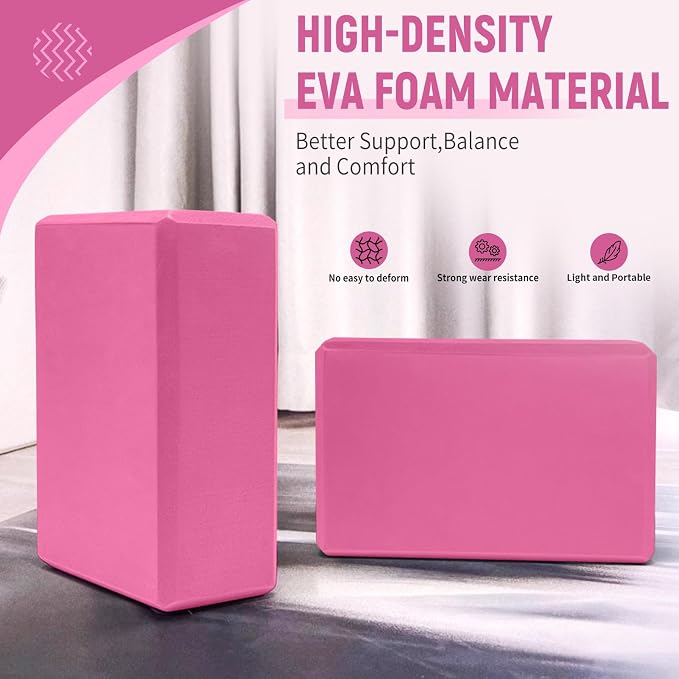 Yoga Blocks 2 Pack, 9"x6"x3" High-Density EVA Foam Yoga Block, Non-Slip Yoga Blocks for Yoga, Pilates Meditation, Stretching and Toning, Supportive, Latex-Free