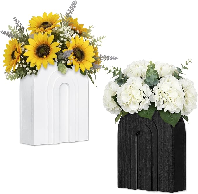 2 Pack Wooden Wall Vase Set in Black and White for Dried Flowers | Two-tone wall-mounted vases for pampas grass and faux greenery; modern boho wall decor for living room, hallway or entryway