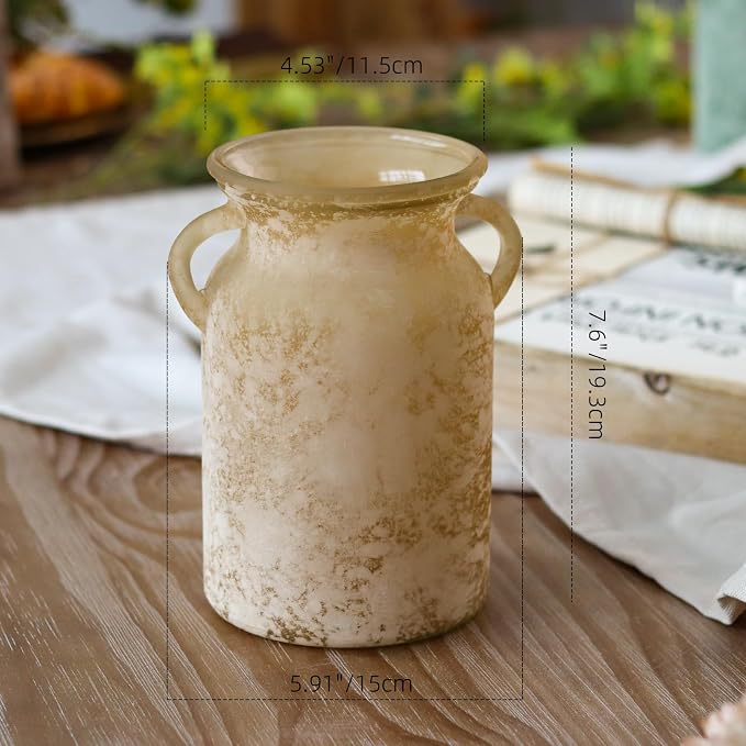 Glass Flower Vase with Handle- 8 Inches Rustic Imitation Ceramic Vase for Flowers, Vintage White Brown Centerpiece Decorations for Farmhouse, Modern Home, Table & Holiday Decorations