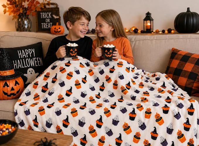 Halloween Ghost Fleece Throw Blanket, Cute Ghosts & Pumpkins, 50x60 | Ultra-soft cozy flannel fleece, for sofa bed couch chair & dorms, spooky Halloween décor, durable and machine washable.