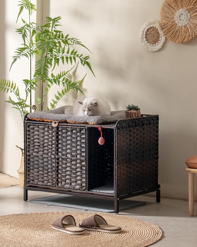 SETVSON Cat Litter Box Enclosure Furniture with Divider, Cat Cabinet, Brown | Handwoven PE Rattan with Soft Litter Mat, 3.54-In Heightened Metal Feet, Spacious & Comfortable, 31.2 x 19.6 x 24.2 In