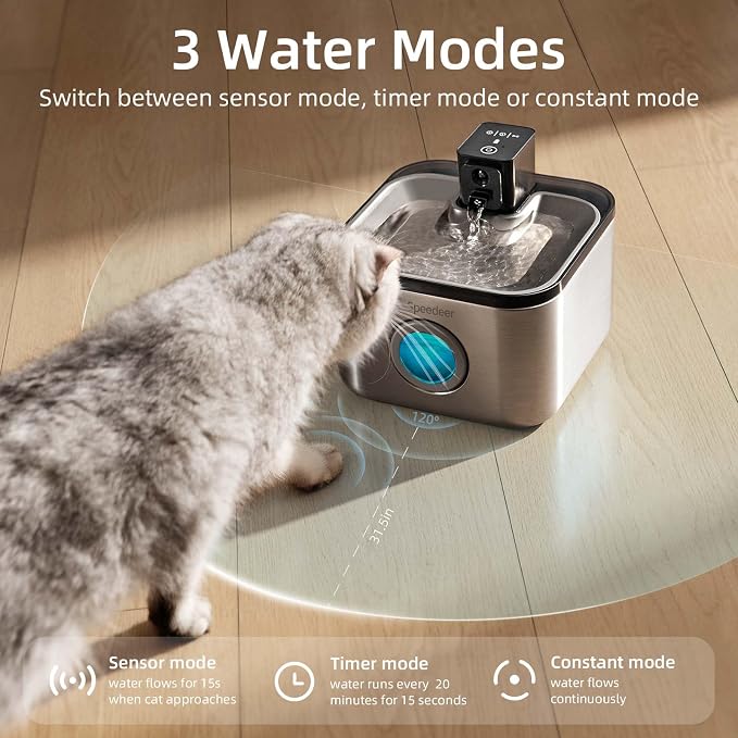 Wireless Cat Water Fountain Stainless Steel, 135oz/4L | Cordless Design, Motion Sensor, 4000mAh Battery Operated Pet Fountain, 3 Water Modes, 20dB Quiet Pump, Multi-Filtration