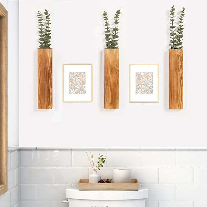 3 Pack Wood Wall Planters with 6 Faux Eucalyptus Stems for Wall Decor